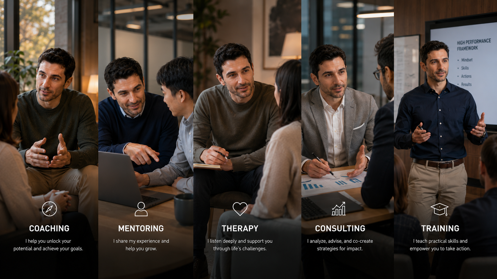 Coaching, Mentoring, Therapy, Consulting, Training